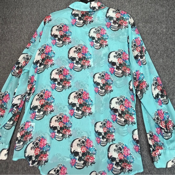 Skull Bongo Plus Blue Sheer Gold Button Top Sz 2X Halloween Day Of The Dead - Picture 11 of 16